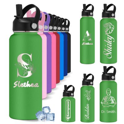 Custom Personalized Water Bottles for Kids with Straw 12 18 24 32 40 oz Customized Engraved Insulated Stainless Steel Water Bottles with Name, Green Initial Style