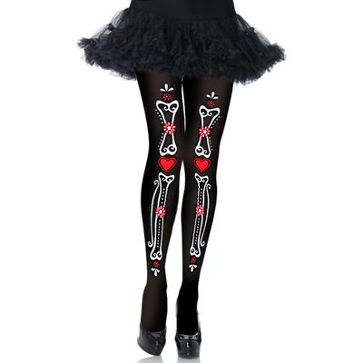 TC.ES Day of The Dead Skeleton Tights Dia De Los Muertos Legging with Feet, Halloween Zombie Costume Skull Stocking Socks (L Size)