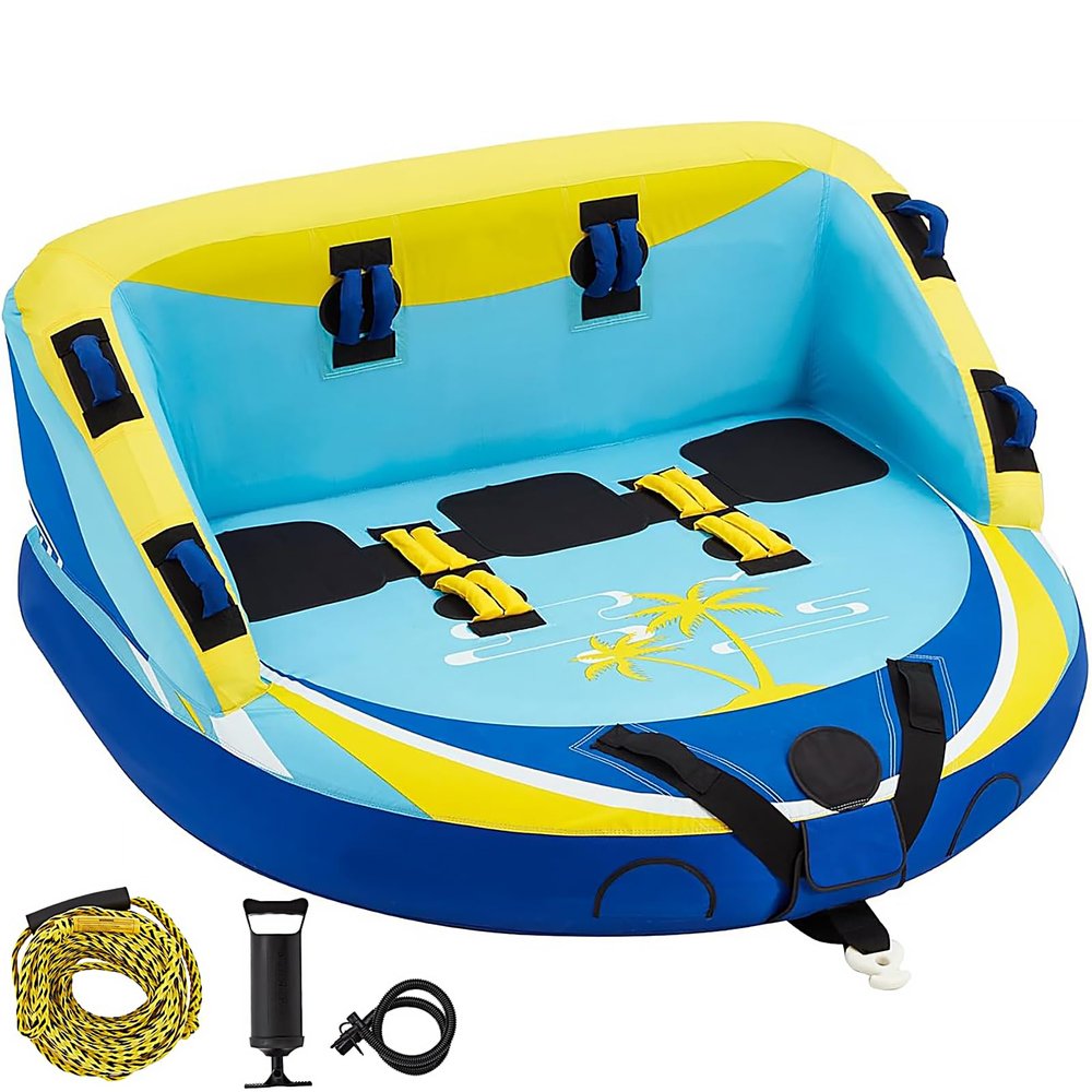 3 Person Towable Tube for Boating, Inflatable Water Sports Towables for Boats to Pull 1-3 Rider, Sofa Style Boat Tube with Dual Front and Back Tow Points, Including Nylon Tow Rope and Air Pump