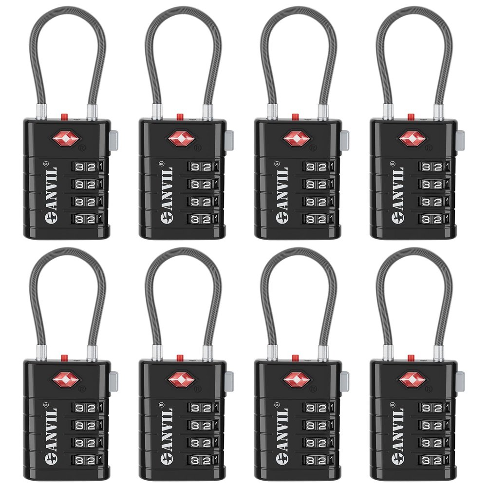 ANVIL TSA Approved Luggage Locks with Search Alert Indicator, 4-Digit Combination Suitcase Lock, Advanced TSA008 Core Heavy Duty Anti-Theft Travel Lock for Double Zippers, Backpacks (8, Black)