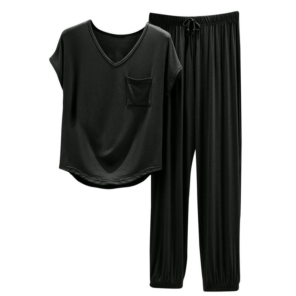 2 Piece Sets for Women Summer V Neck Short Sleeve Tops Casual Drawstring Pants Soft Pjs Lounge Sets Comfy Sleepwear