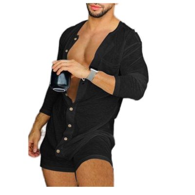 HYMART Men's Pajamas Bodysuit Jumpsuit Solid Button Up Nightwear Romper Long Sleeve Homewear Union Suits Sleepwear(Black,Medium)