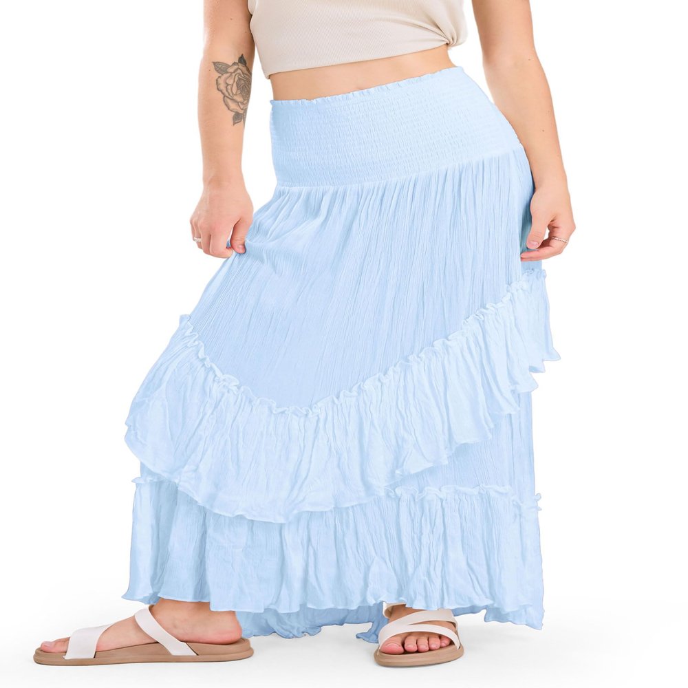CHARTOU Women Boho Maxi Convertible Skirt Wide Smocked Elastic Waist Asymmetric Ruffle Strapless Dress (X-Small,Blue)