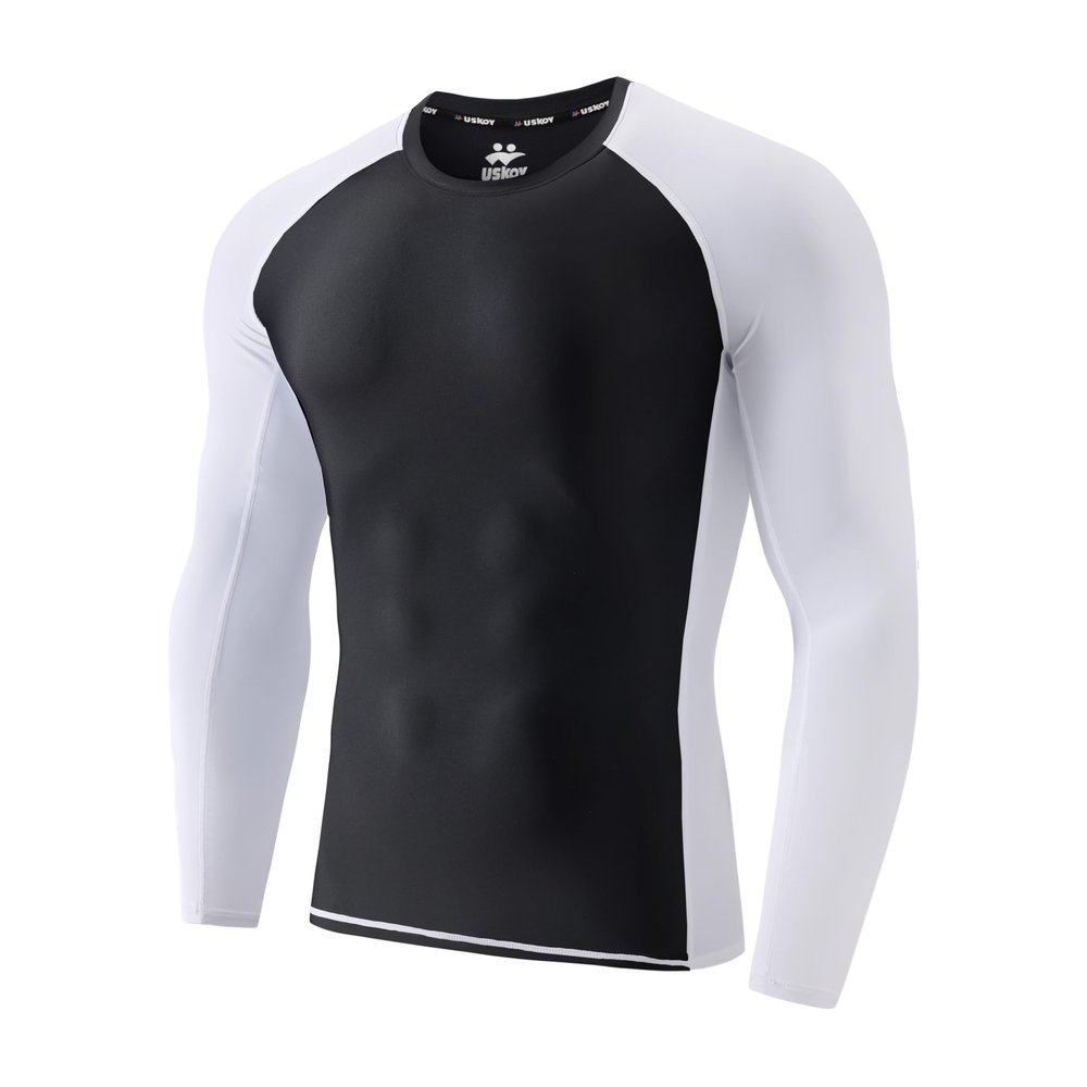 USKOY Men's Rash Guard Long Sleeve UPF 50+ Sun Protection Quick Dry Swim Shirt with Compression Fit for BJJ, Surfing & Gym Training Asym White Sleeve X-Large