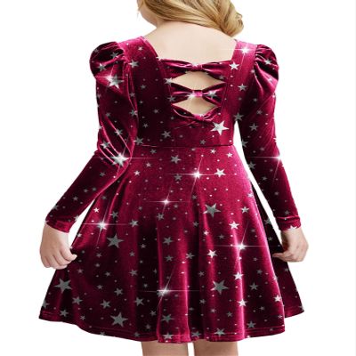Arshiner Girls Long Sleeve Dress Velvet Crew Neck Bow Back Holiday Party Dresses with Pockets Burgundy(Galaxy Print) Tween 10-11 Y
