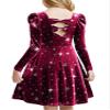 Arshiner Girls Long Sleeve Dress Velvet Crew Neck Bow Back Holiday Party Dresses with Pockets Burgundy(Galaxy Print) Tween 10-11 Y view 1