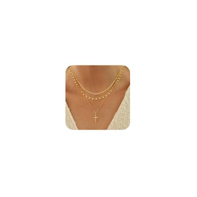 ASCOMY Layered Necklaces for Women Gold Necklace 14K Gold Plated Pendant Necklace Layered Mariner Choker Flat Paperclip CZ Cross Necklace Gold Layered Necklaces Set Simple Necklaces for Women