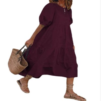 Women's Boho Maxi Dress 2024 Summer Casual Beach Oversized Tiered Swing Maxi Sundress Puff Short Sleeve Crewneck Smocked Dress B Burgundy