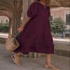 Women's Boho Maxi Dress 2024 Summer Casual Beach Oversized Tiered Swing Maxi Sundress Puff Short Sleeve Crewneck Smocked Dress B Burgundy view 2