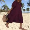Women's Boho Maxi Dress 2024 Summer Casual Beach Oversized Tiered Swing Maxi Sundress Puff Short Sleeve Crewneck Smocked Dress B Burgundy view 3