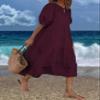 Women's Boho Maxi Dress 2024 Summer Casual Beach Oversized Tiered Swing Maxi Sundress Puff Short Sleeve Crewneck Smocked Dress B Burgundy view 4