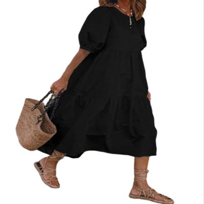 Boho Maxi Dress for Womens 2024 Summer Casual Loose Fit Tiered Swing Maxi Sundress Puff Short Sleeve Crewneck Smocked Long Dress B Black