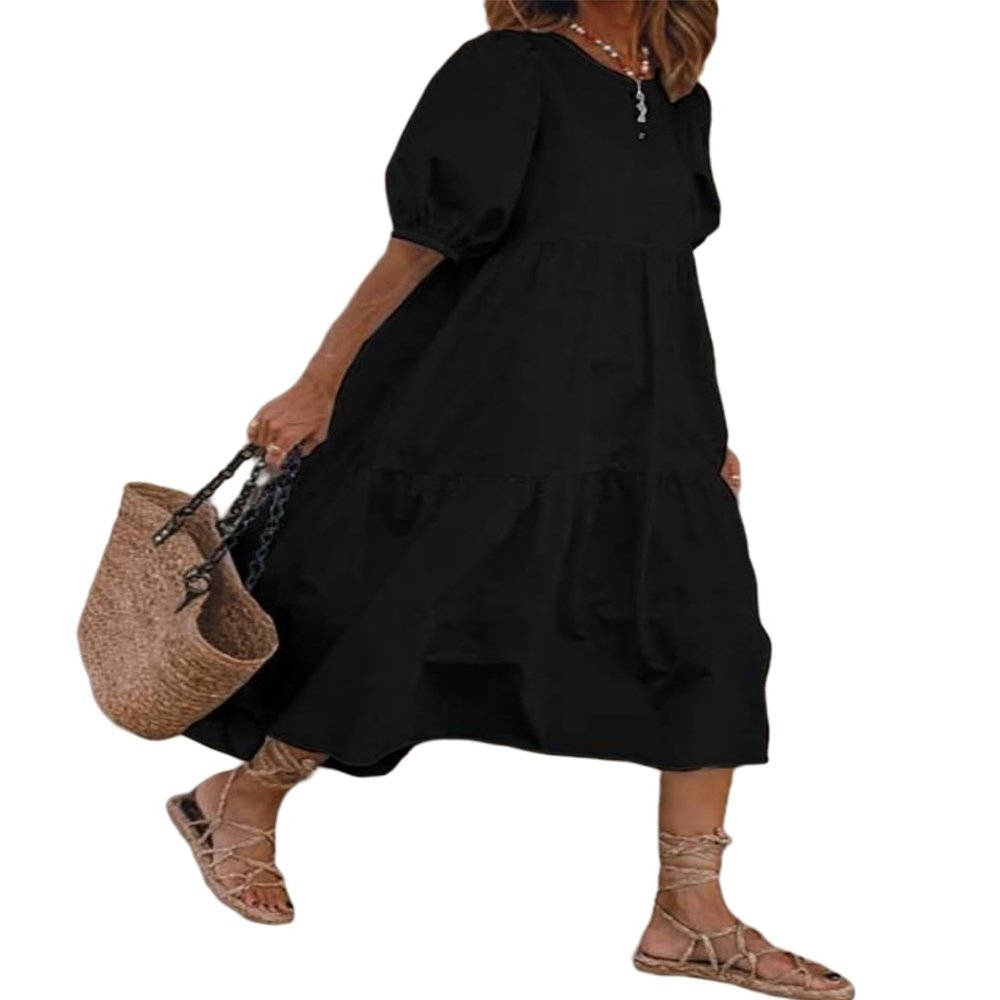 Boho Maxi Dress for Womens 2024 Summer Casual Loose Fit Tiered Swing Maxi Sundress Puff Short Sleeve Crewneck Smocked Long Dress B Black