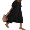 Boho Maxi Dress for Womens 2024 Summer Casual Loose Fit Tiered Swing Maxi Sundress Puff Short Sleeve Crewneck Smocked Long Dress B Black view 1