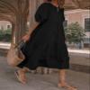 Boho Maxi Dress for Womens 2024 Summer Casual Loose Fit Tiered Swing Maxi Sundress Puff Short Sleeve Crewneck Smocked Long Dress B Black view 3