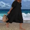 Boho Maxi Dress for Womens 2024 Summer Casual Loose Fit Tiered Swing Maxi Sundress Puff Short Sleeve Crewneck Smocked Long Dress B Black view 4