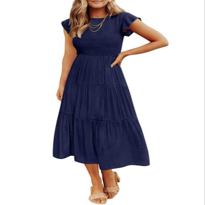 utcoco Summer Dress for Women 2024 Casual Smocked Short Sleeve Slim High Waist A Line Tiered Ruffle Midi Dress (Medium, Dark Blue)