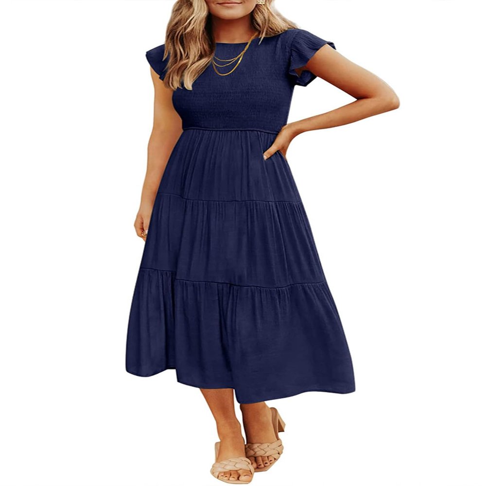utcoco Summer Dress for Women 2024 Casual Smocked Short Sleeve Slim High Waist A Line Tiered Ruffle Midi Dress (Medium, Dark Blue)