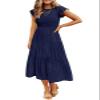 utcoco Summer Dress for Women 2024 Casual Smocked Short Sleeve Slim High Waist A Line Tiered Ruffle Midi Dress (Medium, Dark Blue) view 1