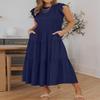 utcoco Summer Dress for Women 2024 Casual Smocked Short Sleeve Slim High Waist A Line Tiered Ruffle Midi Dress (Medium, Dark Blue) view 2