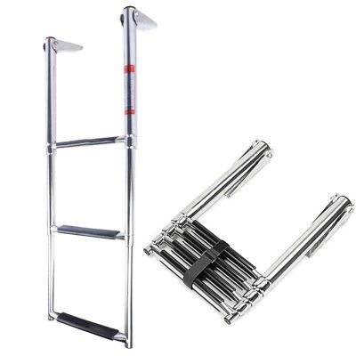 Boat Telescoping Swim Ladder 2/3/4 Step Folding, Stainless Steel Extendable Under Platform Dock Ladders with Retaining Strap, Pontoon Boat Ladder for Marine Yacht/Swimming Pool