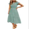 utcoco Summer Dress for Women 2024 Casual Smocked Short Sleeve Slim High Waist A Line Tiered Ruffle Midi Dress (X-Large, Light Green) view 1