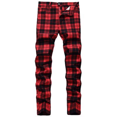 NOVOCCT Plaid Pants for Men - Skinny Mens Dress Pants - Stretch Slim Fit Business Casual Dress Chinos for Men (Black Red Plaid - T2, 44)