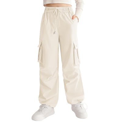 Ninobebe Girls Parachute Pants Cargo Pants for Girls Baggy Y2K Loose Jogger Trousers with Pockets for Kids 12-14, Apricot