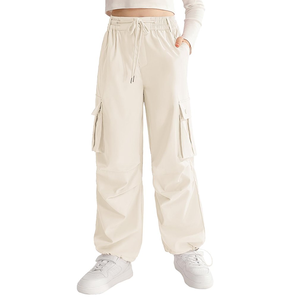 Ninobebe Girls Parachute Pants Cargo Pants for Girls Baggy Y2K Loose Jogger Trousers with Pockets for Kids 12-14, Apricot