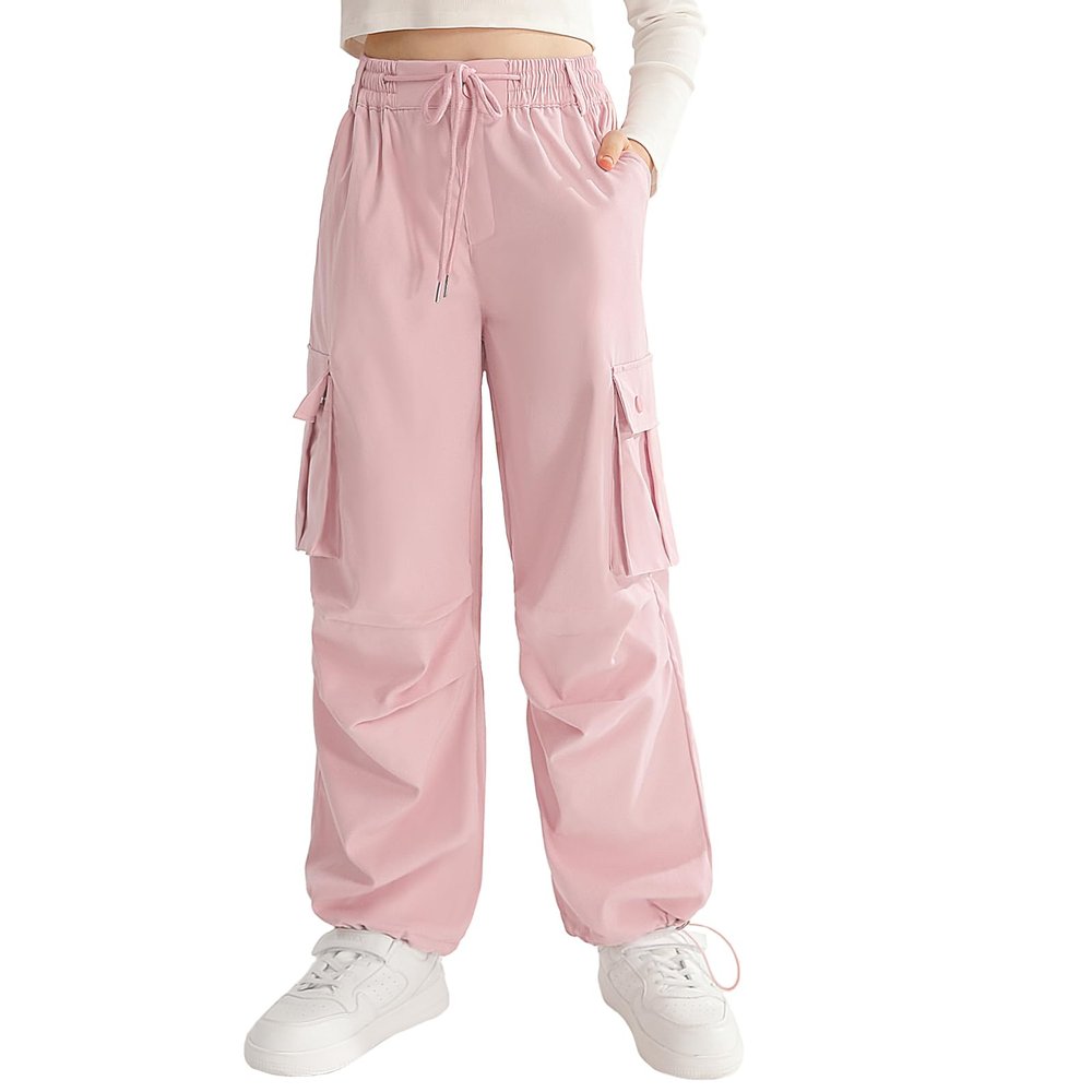 Ninobebe Girls Cargo Pants Parachute Pants for Girls Baggy Y2K Loose Cargo Trousers with Pockets for Kids 13-14 Years Old, Pink