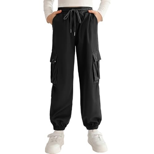Ninobebe Girls Cargo Jogger Pants for Girls Baggy Y2K Loose Jogger Trousers with Pockets Streetwear for Kids Black, 13-14 Years Old