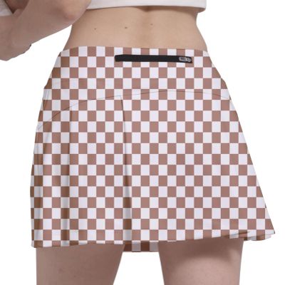 Fodyle Women's Tennis Skirt Pleated high Waist Short Lined Shorts Pockets Brown and White Checkerboard Pickleball Running Fitness X-Large