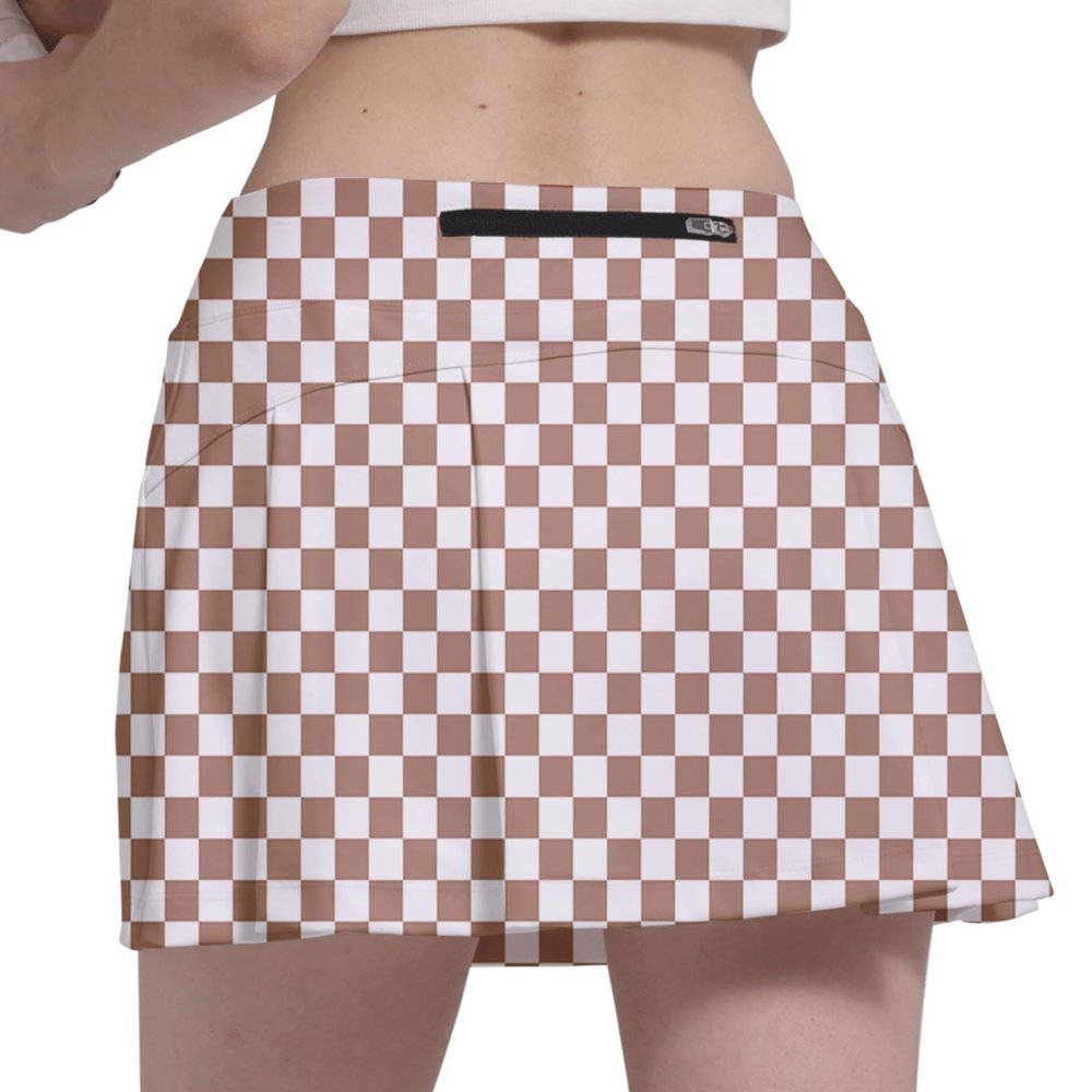Fodyle Women's Tennis Skirt Pleated high Waist Short Lined Shorts Pockets Brown and White Checkerboard Pickleball Running Fitness X-Large