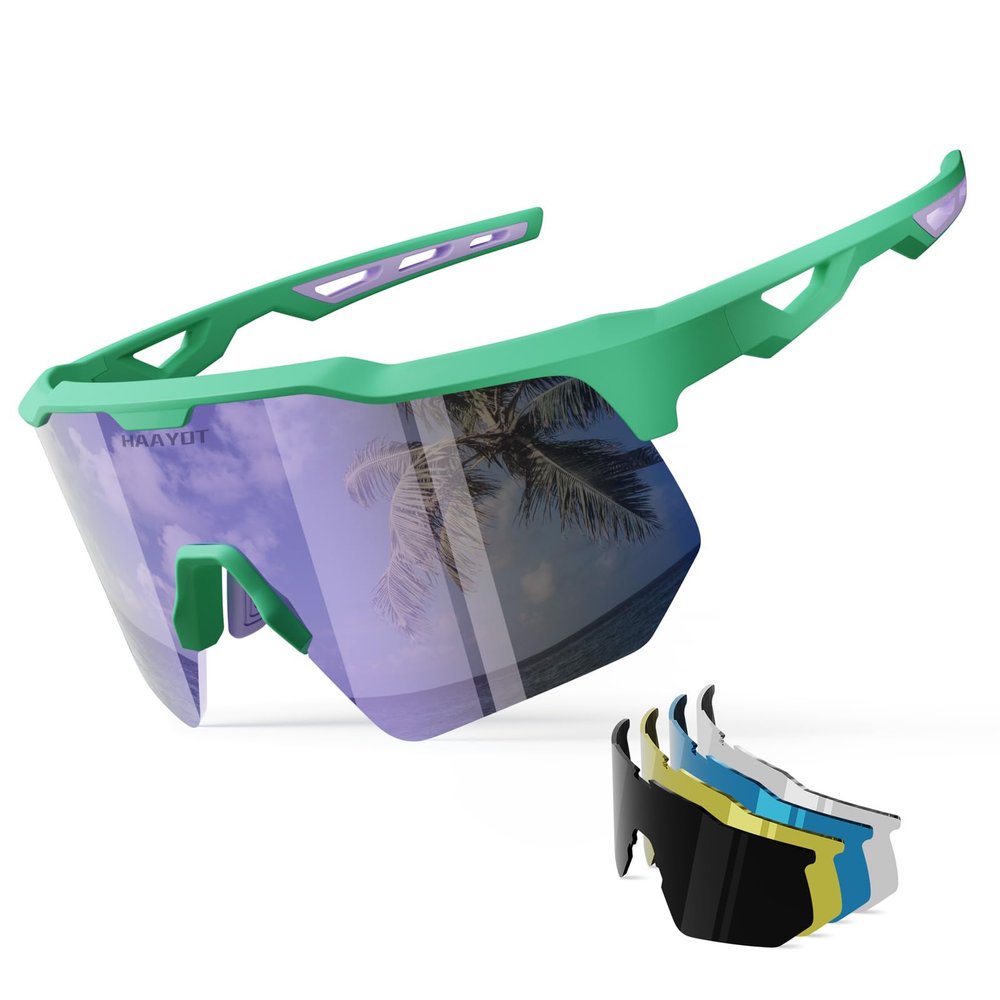 HAAYOT Polarized Cycling Glasses,Sports Sunglasses for Men Women,Baseball Biking Running Sunglasses 5 Lenses Mint Green