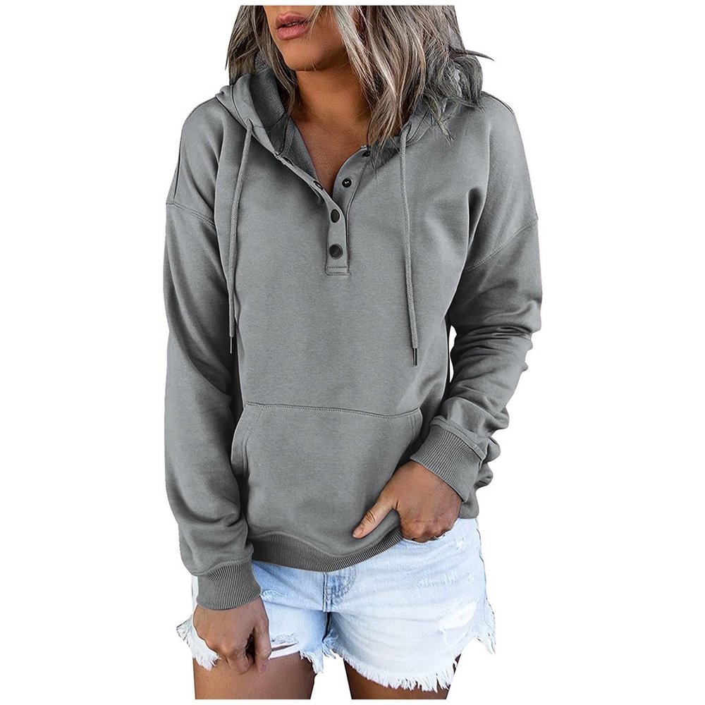 100% Cotton Hoodies for Women,Womens Hoodies Button Collar Drawstring Hooded Sweatshirt Casual Long Sleeve Pullover Tops Hot Pink Hoodie(Xx-Large,Grey