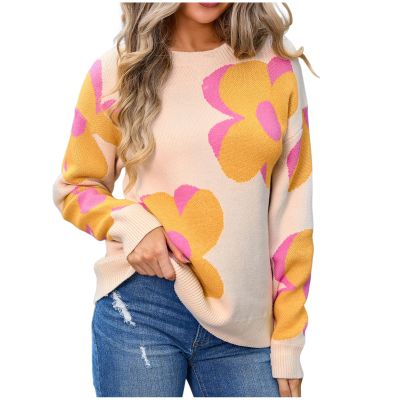 Akklian Floral Print Sweater for Women Trendy 2024 Fall Long Sleeve Crewneck Pullover Soft Knit Casual Loose Cute Y2k Tops
