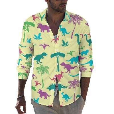 micidad Hawaiian Shirts for Men Long Sleeve Casual Button Down Shirts Dinosaur Print Tropical Beach Dress Shirts 2XL