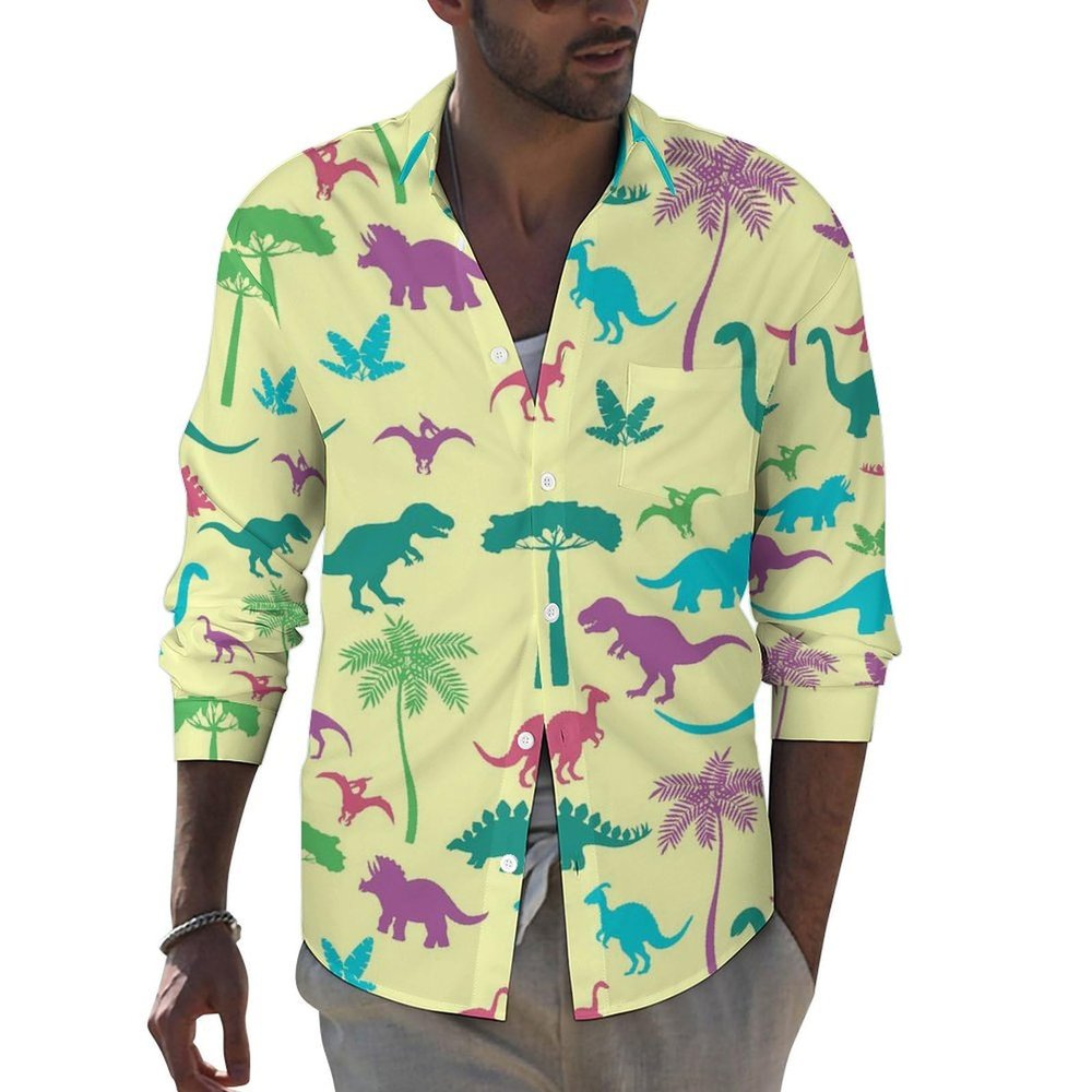 micidad Hawaiian Shirts for Men Long Sleeve Casual Button Down Shirts Dinosaur Print Tropical Beach Dress Shirts 2XL