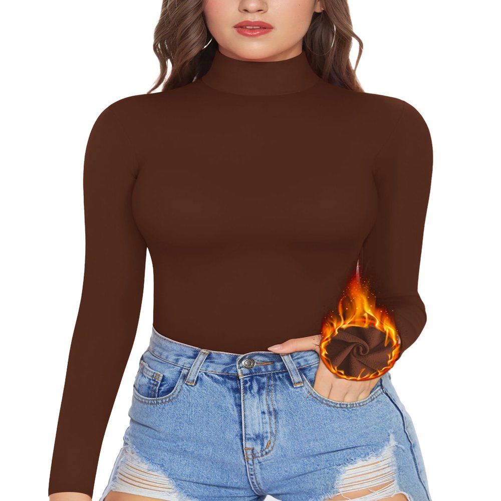 MANGOPOP Women's Mock Turtle Neck Fleece Lined Long Sleeve Thermal Underwear T Shirt Tops Tee Coffee