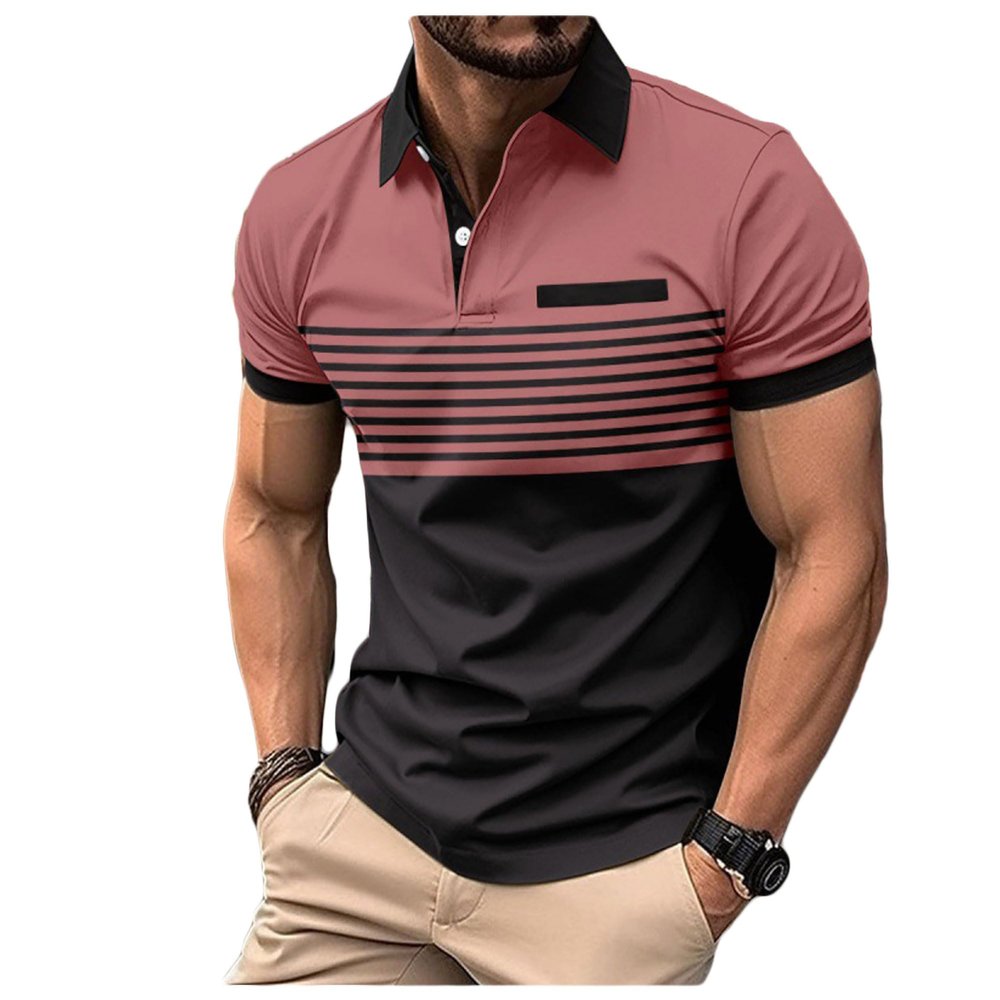 Bestgift Men's Polo Shirt Zipper Printed Stripe Short Sleeve Fuchsia M