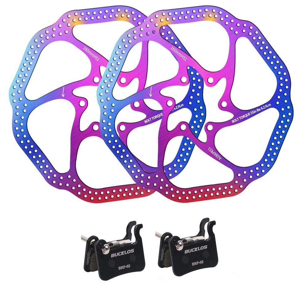 BUCKLOS 160mm Multicolour MTB Disc Brake Rotor with 6 Bolts and 2 Pair Resin Bike Disc Brake Pads Compatible with Shimano Deore XT XTR LX SLX Hone Alfine Saint Disc Brake