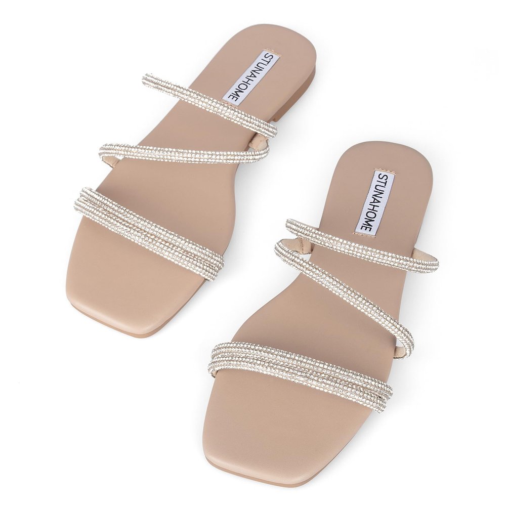 STUNAHOME Women's Rhinestone Thong Flat Sandals Open Toe Slide Sandals with Square Toe Bling Strap