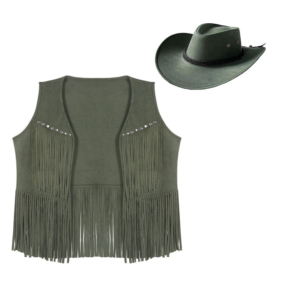 easyforever Womens Faux Suede Tassel Vest Rivets Fringe Waistcoat Jacket with Wide Brim Cowgirl Hat Army Green Large