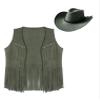 easyforever Womens Faux Suede Tassel Vest Rivets Fringe Waistcoat Jacket with Wide Brim Cowgirl Hat Army Green Large view 1