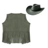 easyforever Womens Faux Suede Tassel Vest Rivets Fringe Waistcoat Jacket with Wide Brim Cowgirl Hat Army Green Large view 2
