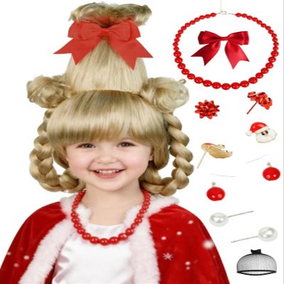 Half and Half Blonde Christmas Cindy Costume Wig Set Blonde Double Braids Wig with Bangs for Costumes Halloween