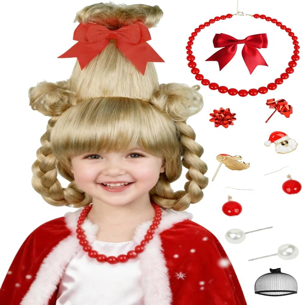 Half and Half Blonde Christmas Cindy Costume Wig Set Blonde Double Braids Wig with Bangs for Costumes Halloween