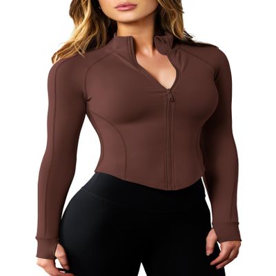 AVGO Women's Long Sleeve Workout Tops Zip Up Cropped BBL Jacket Tight Athletic Track Sports Clothes(Caramel, L)