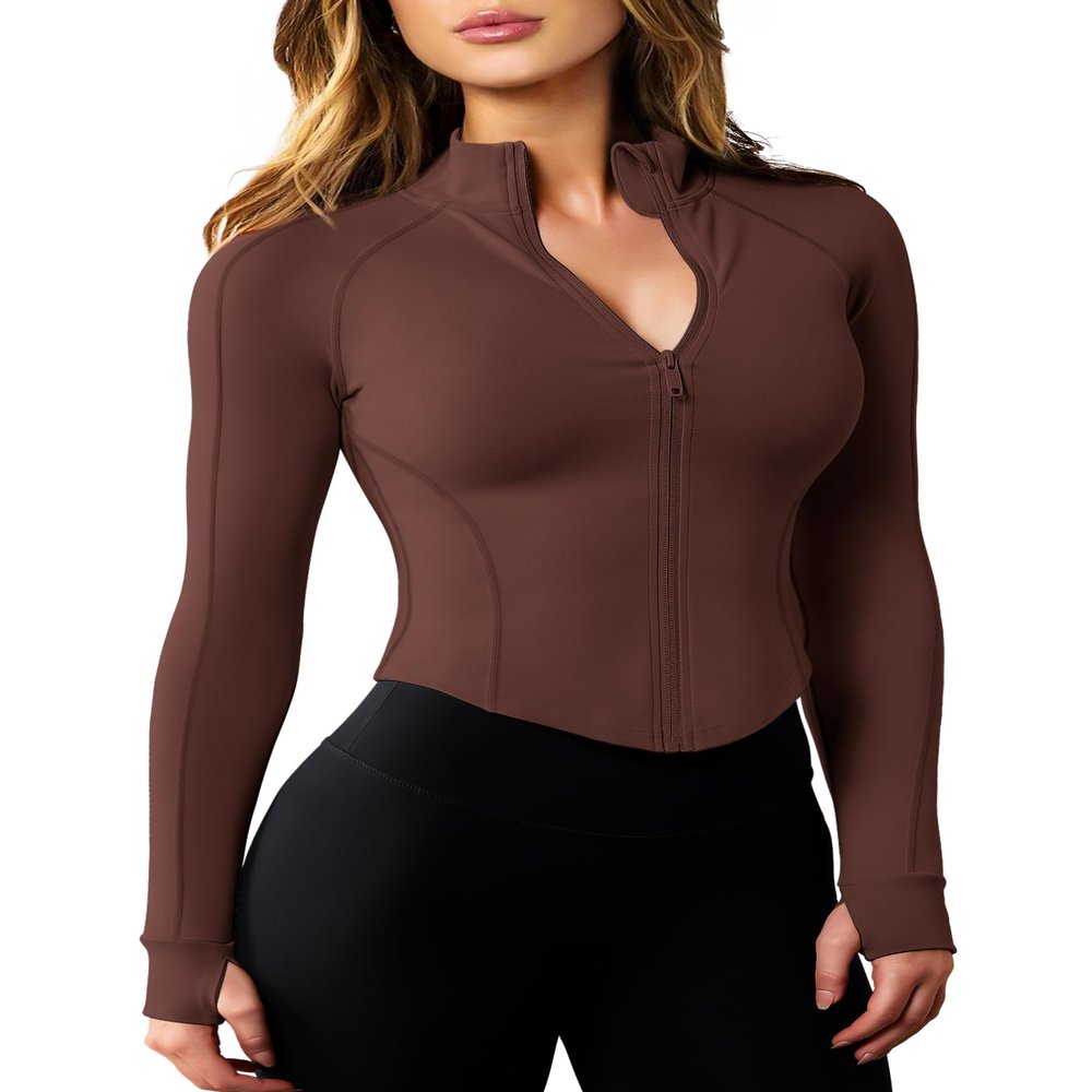 AVGO Women's Long Sleeve Workout Tops Zip Up Cropped BBL Jacket Tight Athletic Track Sports Clothes(Caramel, L)