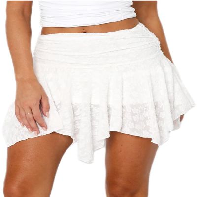 Women Low Rise Lace Mini Skirt Y2k Pleated Ruffle Short Skirt Flowy Asymmetrical Hem Underskirt Half Slip Skirt White